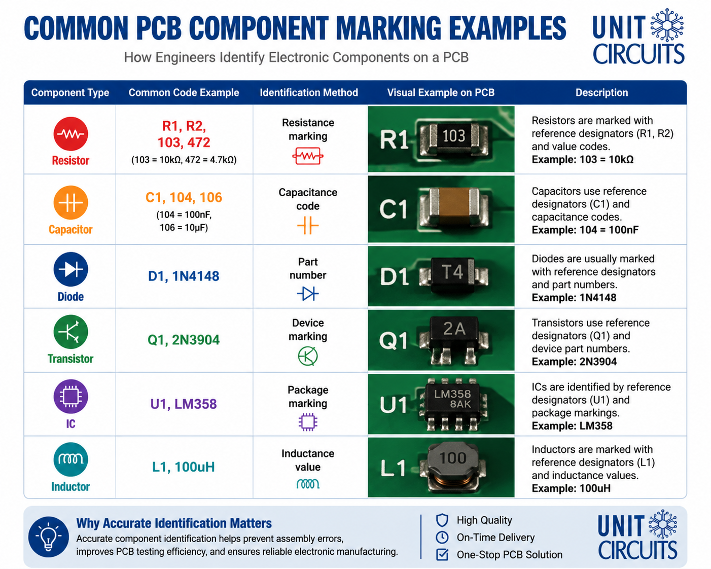 PCB component codes and marking identification guide showing resistor, capacitor, diode, transistor, IC, and inductor examples