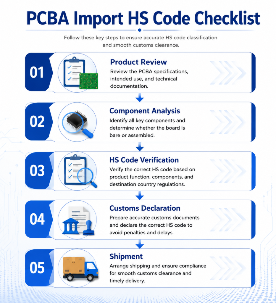 PCBA import HS code checklist process from product review to customs declaration and shipment