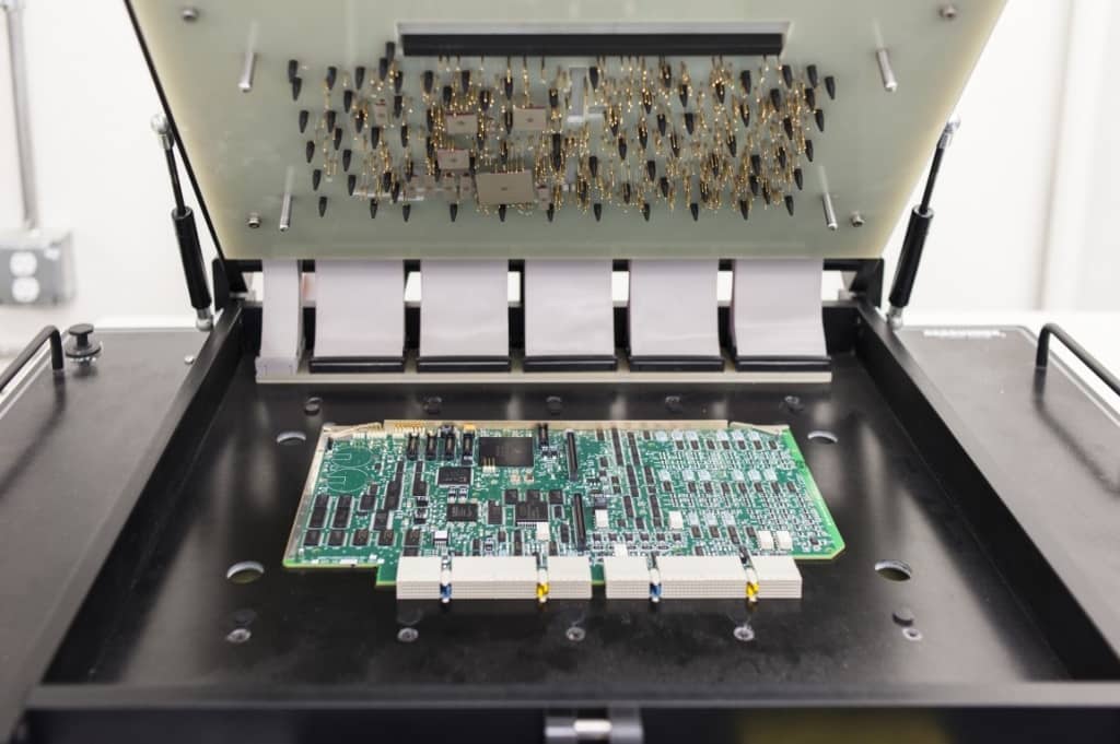 2 in circuit testing setup for pcb inspection.