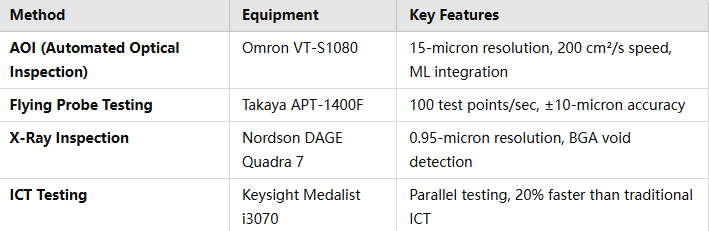 comparison table for pcba testing methods