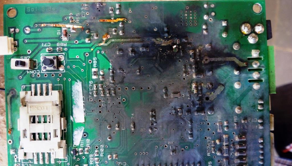 p3 pcb with burnt traces from overvoltage