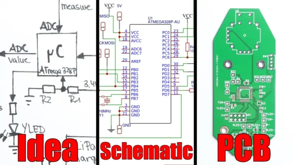 A side-by-side comparison of a circuit schematic and PCB layout, showing how a conceptual design translates into a physical PCB.