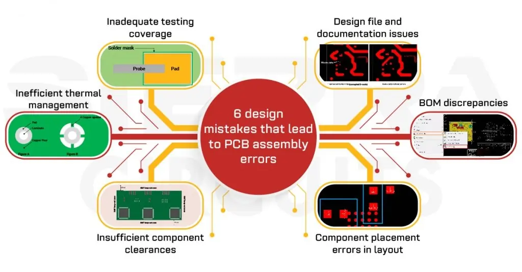 A labeled PCB layout highlighting common design errors like overlapping traces, poor via placement, and incorrect component spacing.