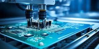 A robotic pick-and-place machine assembling SMT components onto a PCB with precision and high speed.