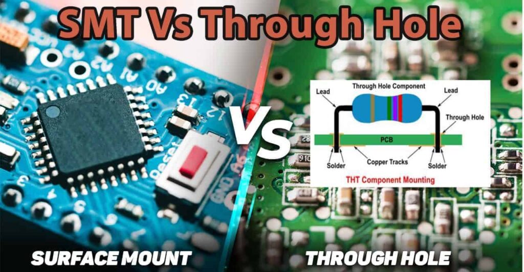 A side-by-side visual comparison of THT and SMT assembly methods, showing the difference in how components are attached to the PCB.