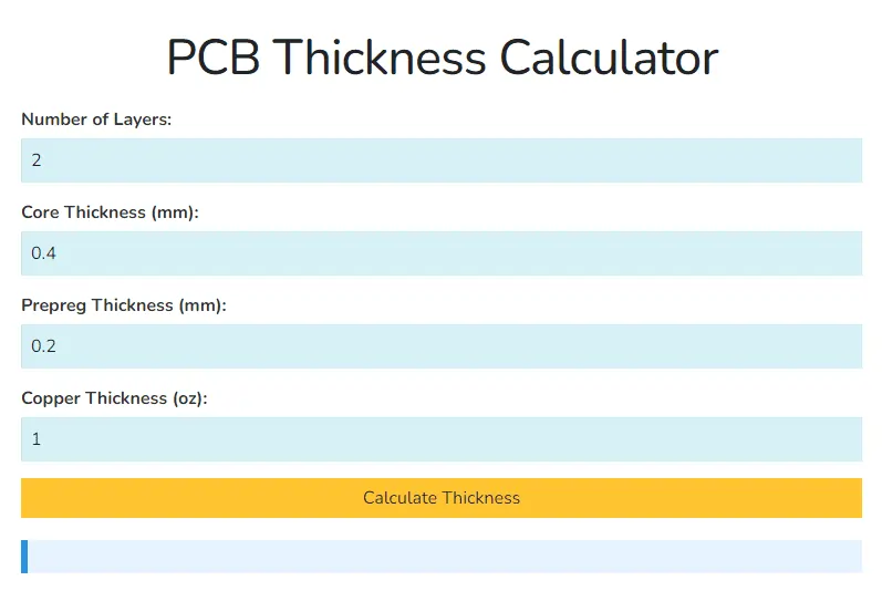Screenshot of a PCB thickness calculator tool, illustrating how engineers can input parameters like layer count, material type, and copper thickness to calculate the ideal PCB thickness.