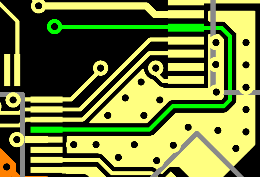 Highlights fine copper routing and trace widths, commonly used in PCBs.