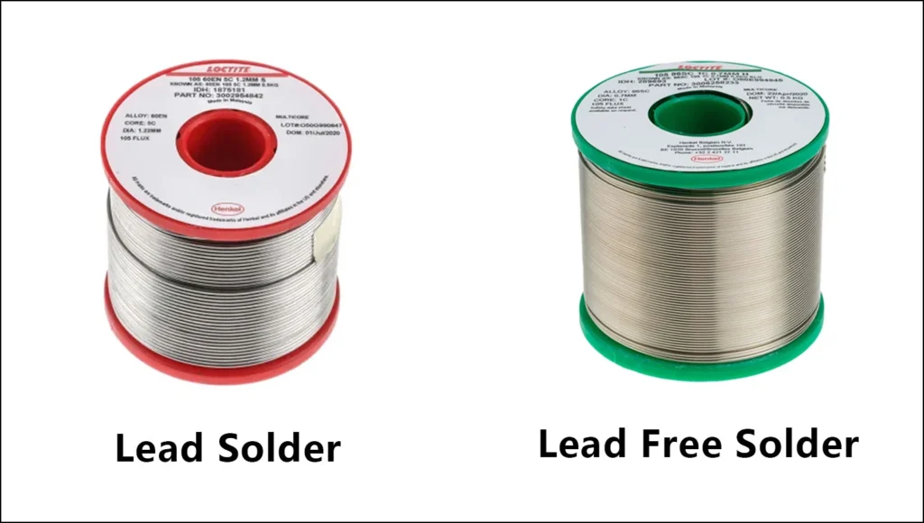 Lead vs lead-free solder comparison chart showing differences in melting point, joint reliability, RoHS compliance, and usability for PCB assembly.