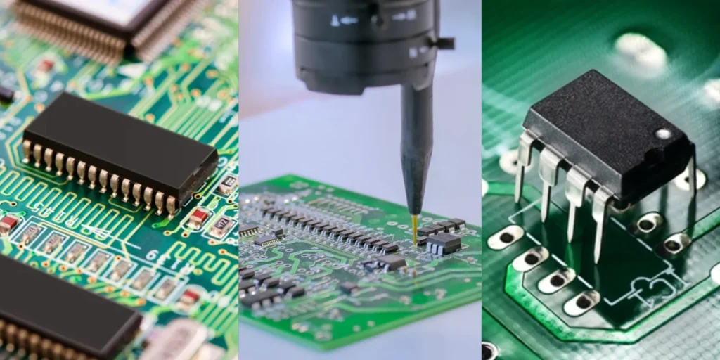 Side-by-side diagram of SMT and THT component placements on a PCB, including pad designs and soldering technique.