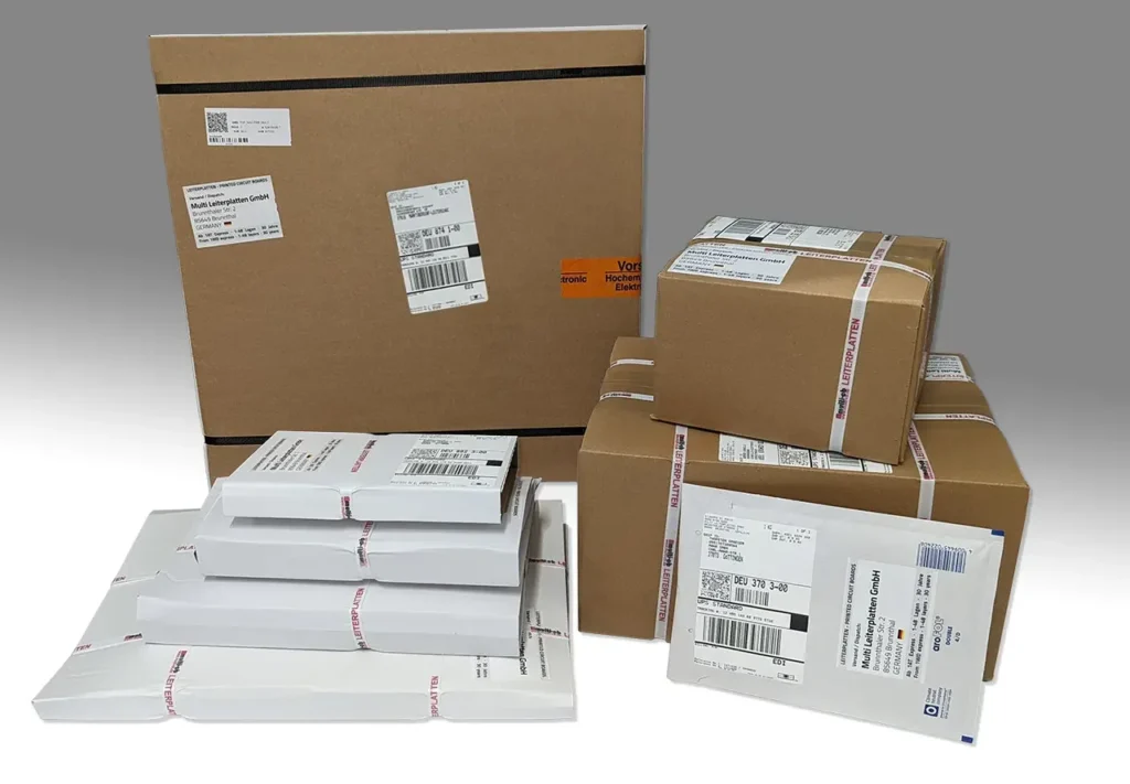 A boxed delivery of 3–5 high-quality PCBs, ready to use, emphasizing low-volume shipment.