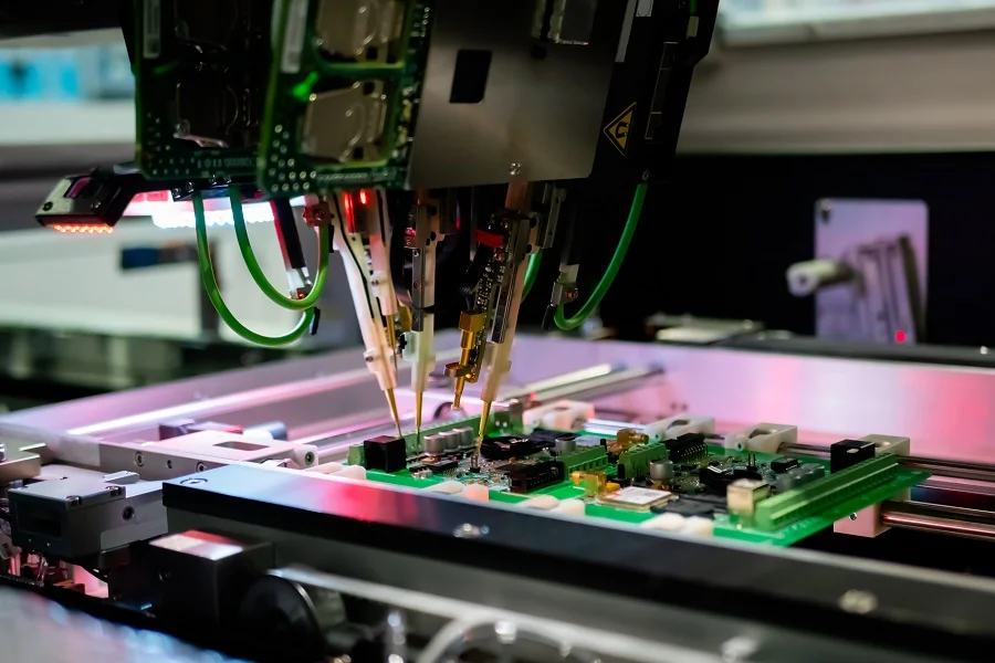 An operator using a flying probe tester on a prototype PCB board.