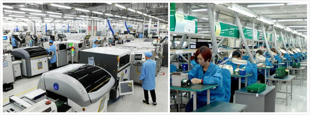 Modern China EMS provider factory assembling lead-free PCB with advanced soldering and inspection processes.