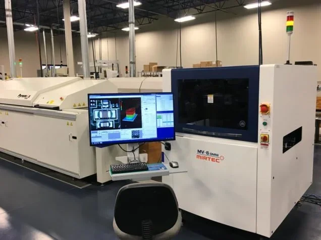 AOI machine inspecting PCB for SMT assembly quality control