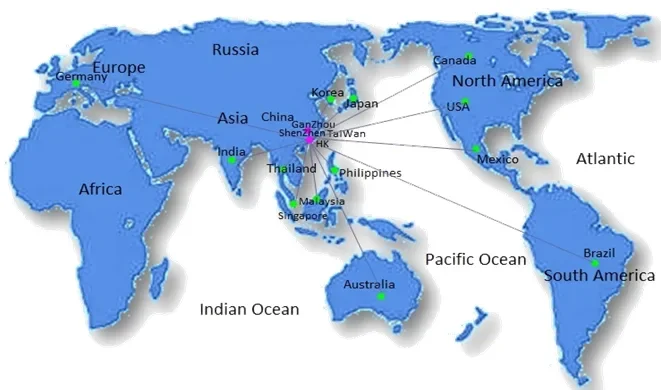 Map showing major PCBA manufacturing and export hubs like China, Taiwan, USA, and Japan