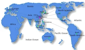 Map showing major PCBA manufacturing and export hubs