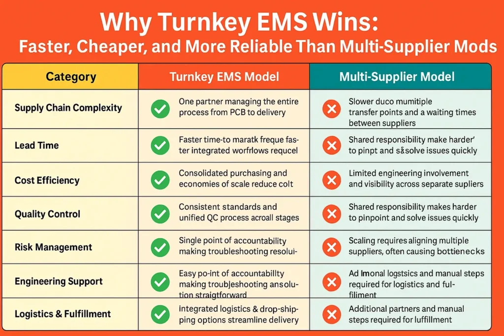 Infographic comparing turnkey EMS provider to traditional PCB sourcing model