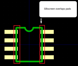 PCB silkscreen mistakes showing overlapping pads and poor text readability vs correct design