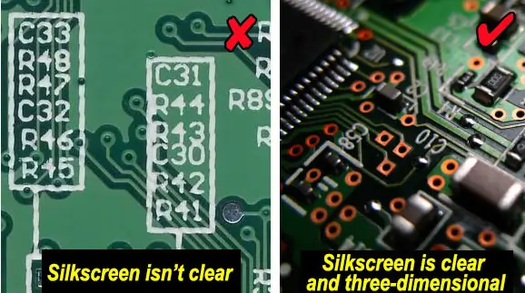 PCB silkscreen layout comparison showing common mistakes and correct design practices