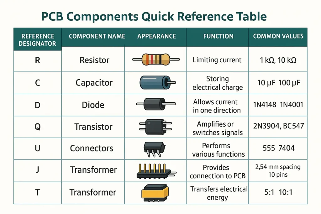 common PCB silkscreen symbols chart including resistor capacitor IC and polarity marks
