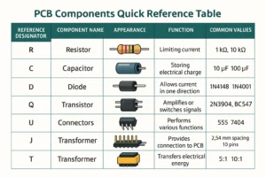 common PCB silkscreen symbols chart including resistor capacitor IC and polarity marks