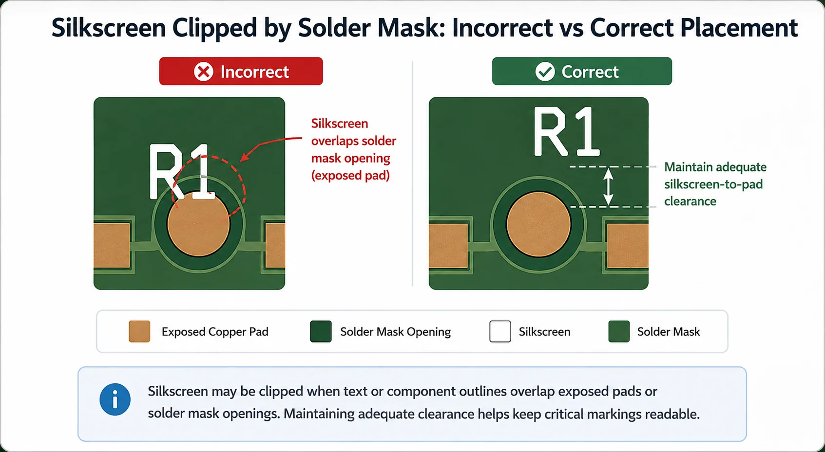 Silkscreen clipped by solder mask showing incorrect and correct PCB silkscreen placement