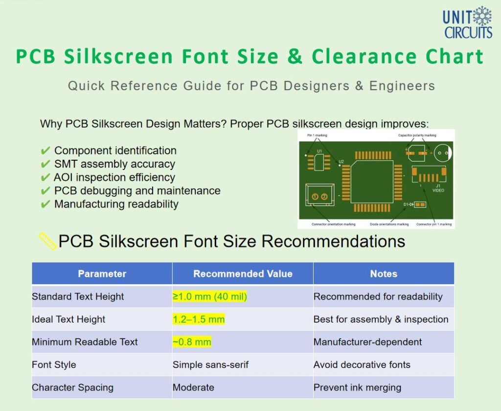 PCB silkscreen font size and clearance chart preview for PCB manufacturing