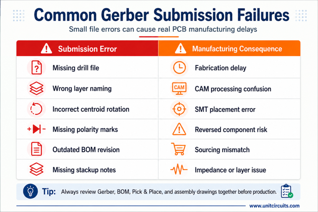 Common Gerber submission failures causing PCB fabrication delays, SMT placement errors, sourcing mismatches, and manufacturing issues