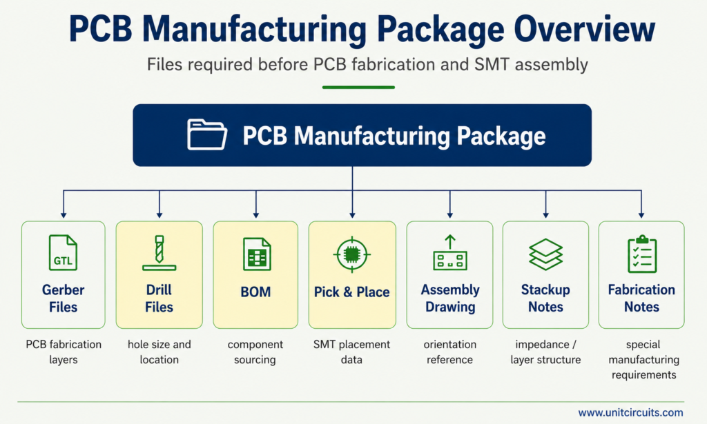 PCB manufacturing package overview including Gerber files, drill files, BOM, placement data, assembly drawings, stackup notes, and fabrication notes