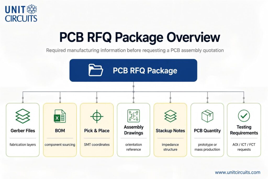 PCB RFQ package overview showing Gerber files, BOM, Pick and Place data, assembly drawings, stackup notes, PCB quantity, and testing requirements