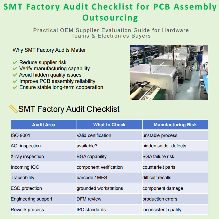 SMT factory audit checklist for PCB assembly outsourcing and OEM supplier evaluation