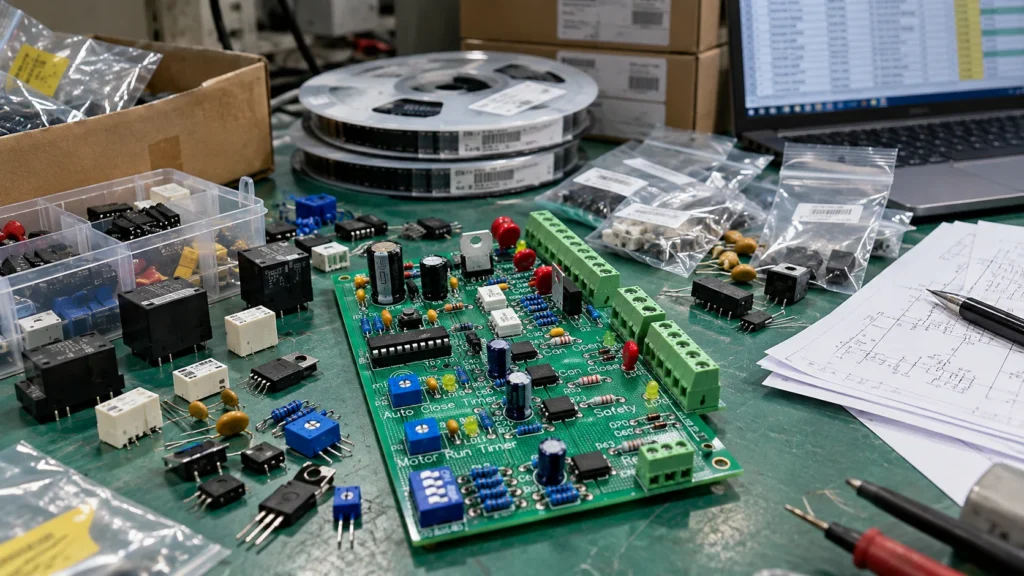 Industrial control PCB assembly with electronic components prepared for component sourcing