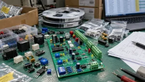 Industrial control PCB assembly with electronic components prepared for component sourcing