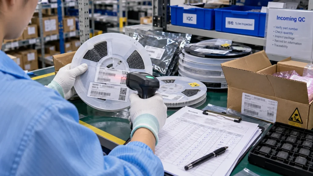 Incoming inspection worker scanning an SMD reel label for electronic component traceability