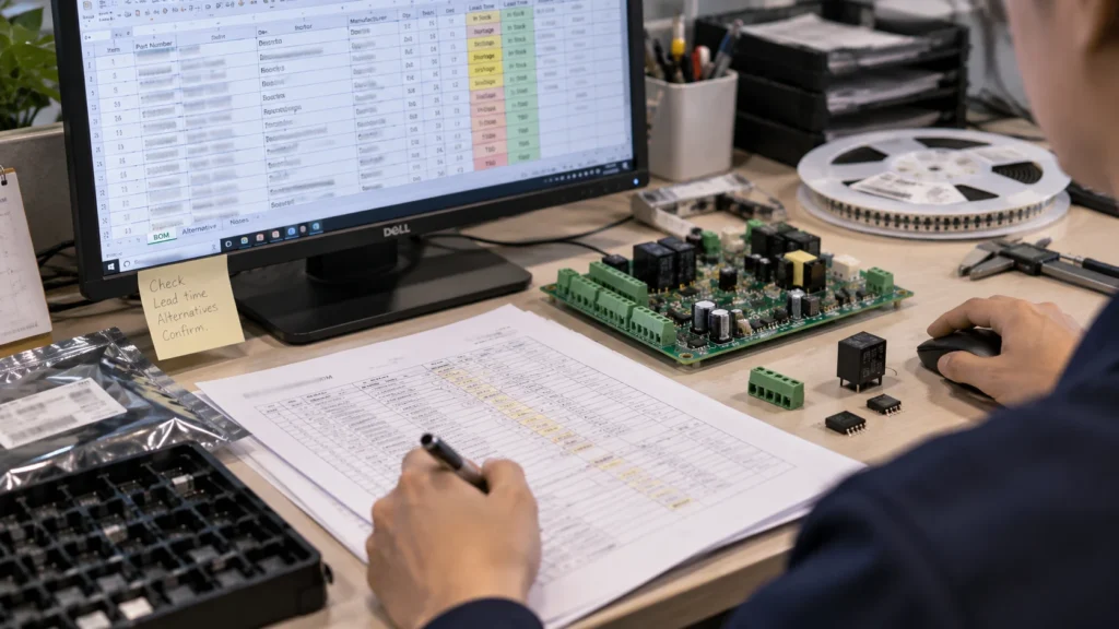 Engineer reviewing a PCB BOM against an industrial control PCBA and electronic components