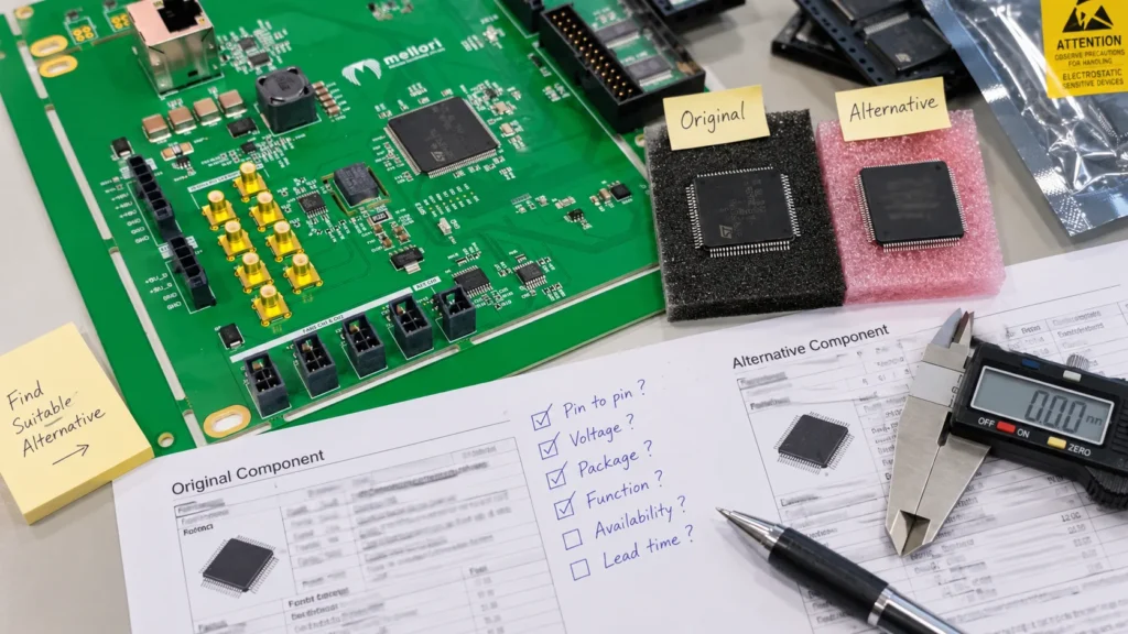 Original and alternative ICs being evaluated beside an industrial control PCB assembly